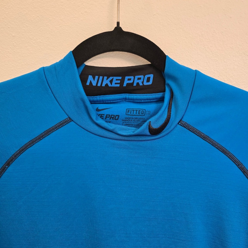 Nike Pro Dri-FIT Mens Blue Long Sleeve Mock Neck Fitted Compression Shirt Medium - Picture 2 of 8